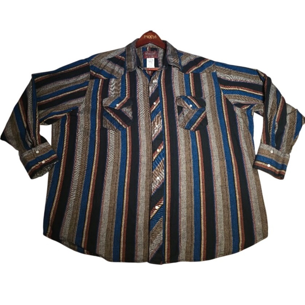 Wrangler Western Shirts Mens 3XL Big Man Blue Brown Striped Long Sleeve 1380 - Picture 1 of 6